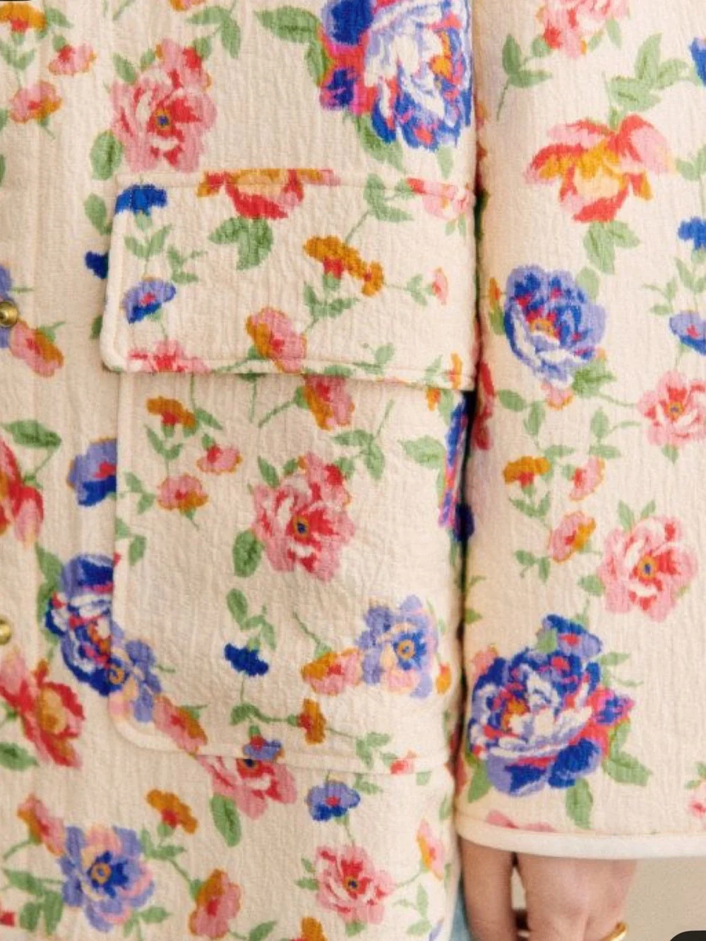 Sezane Cream Quilted Bomber Jacket with Pink & Blue Floral Print - Picture 3 of 6